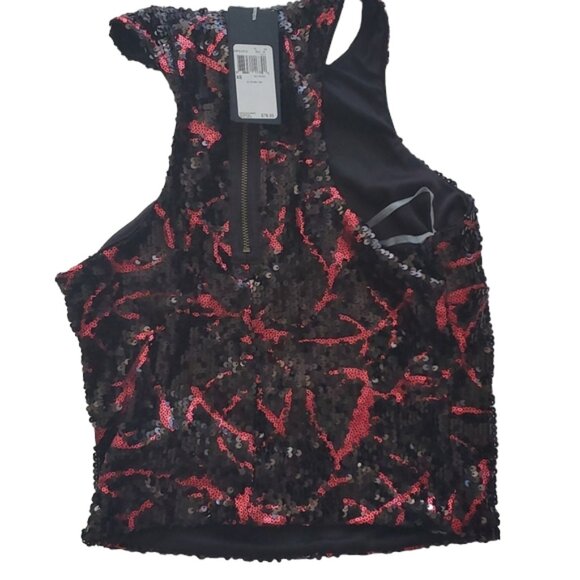 NWT Guess Red Black Sequined Sequins Sparkle Cropped Crop Racerback Tank Top XS - Picture 4 of 7